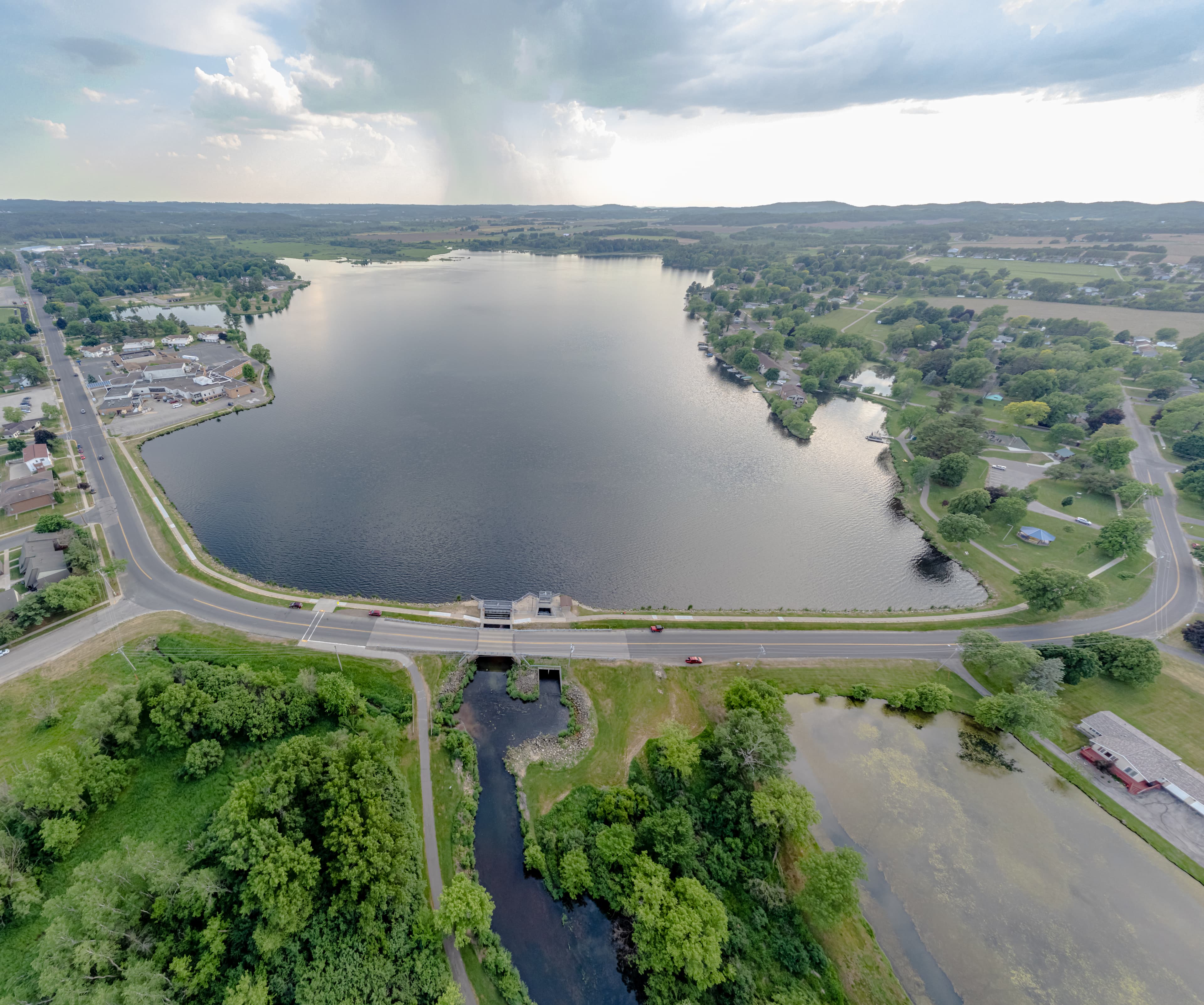 Lake Tomah and the neighborhood streets along its shore, photographed from above in 2023